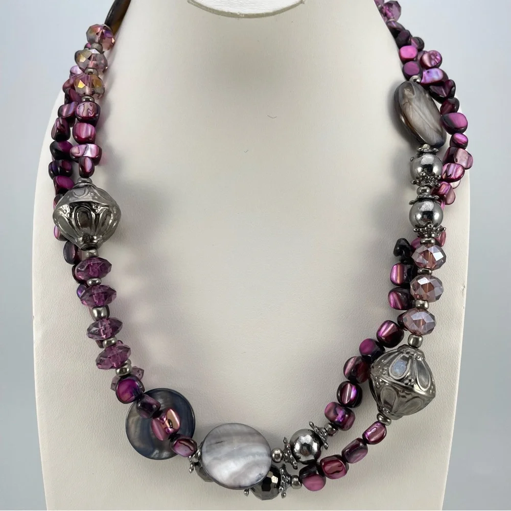 Boho Purple Shell & Crystal Beaded Necklace with Silver Accents 39” 43”Extender